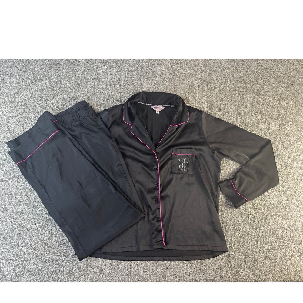 Juicy Couture Satin Pajama Set Y2K Black Silver Rhinestone PJ Size Large‎